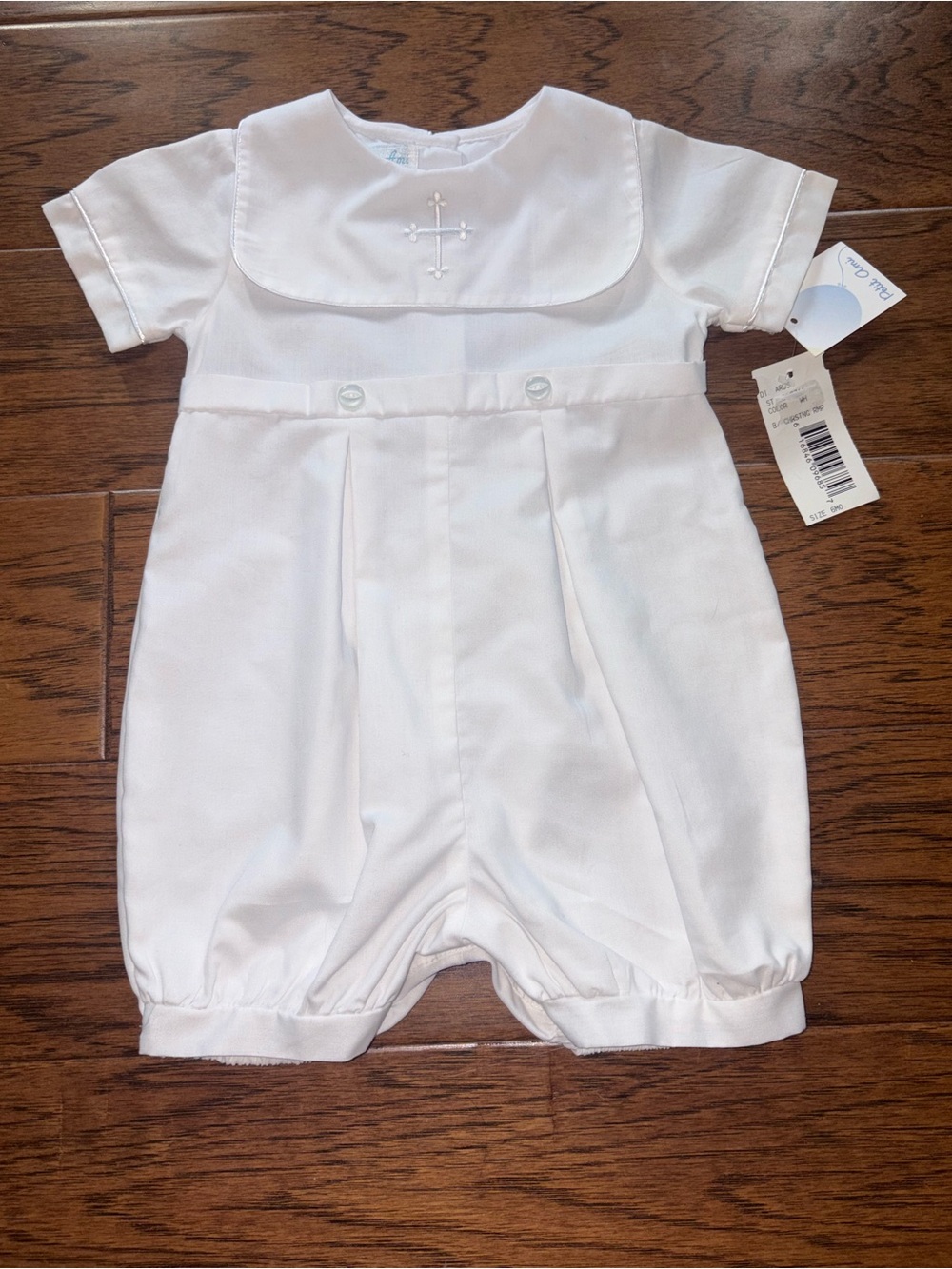 Petit Ami  christening white short sleeve romper embroidered cross 6 months NEW
